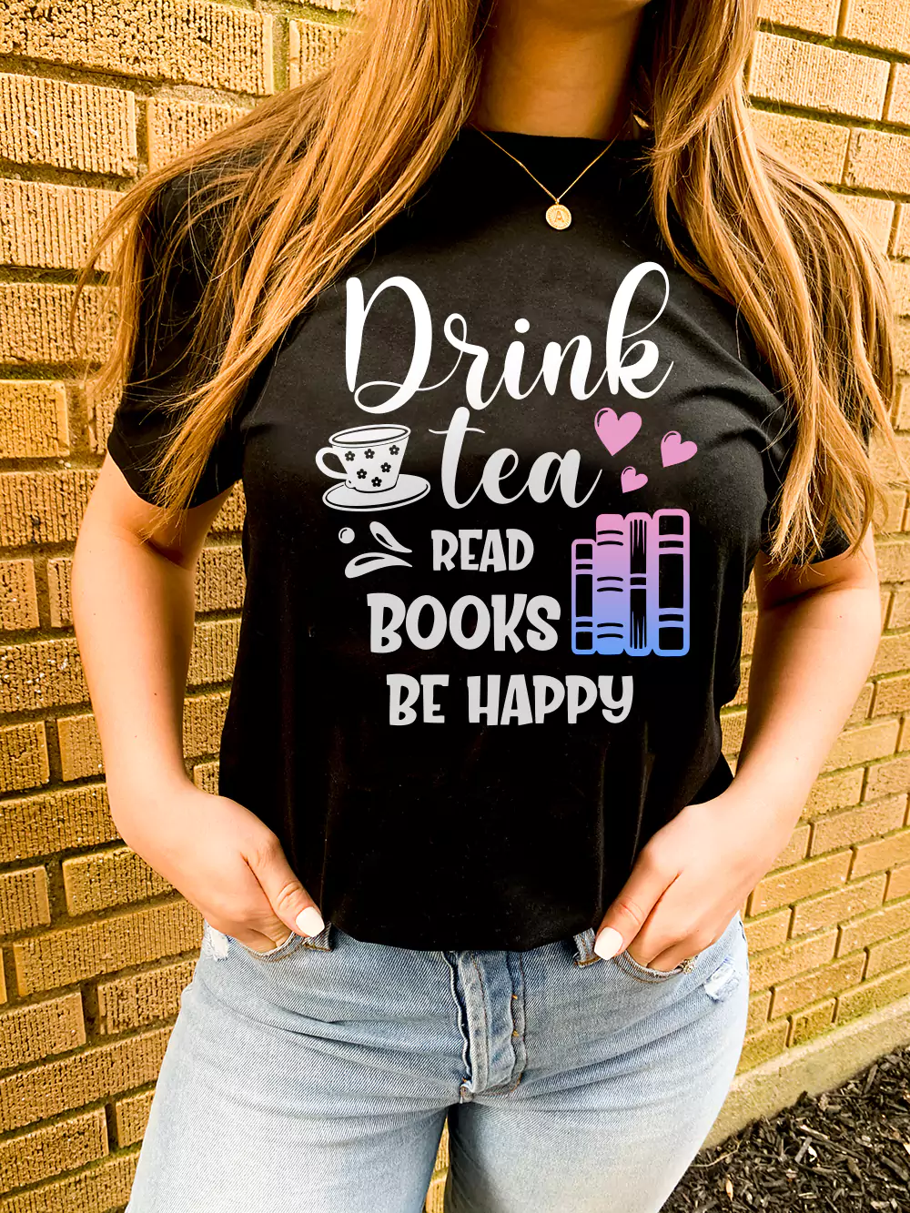 girl wearing drink tea read books be happy bookish t shirt