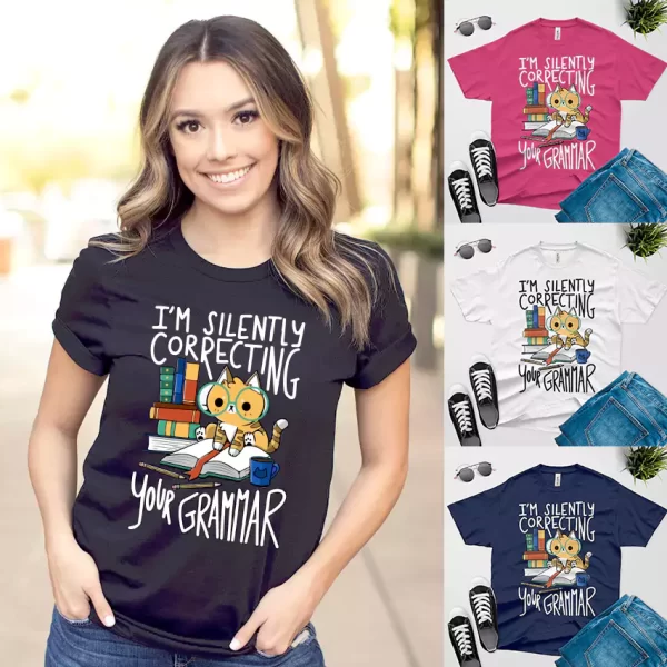 girl wearing teacher gift apeal a funny cat correcting your grammar