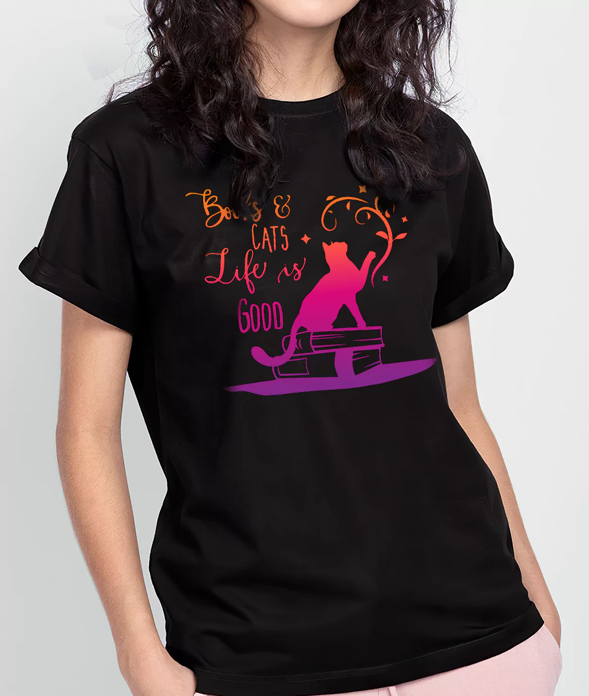 girls wearing cats and books life is good black t shirt