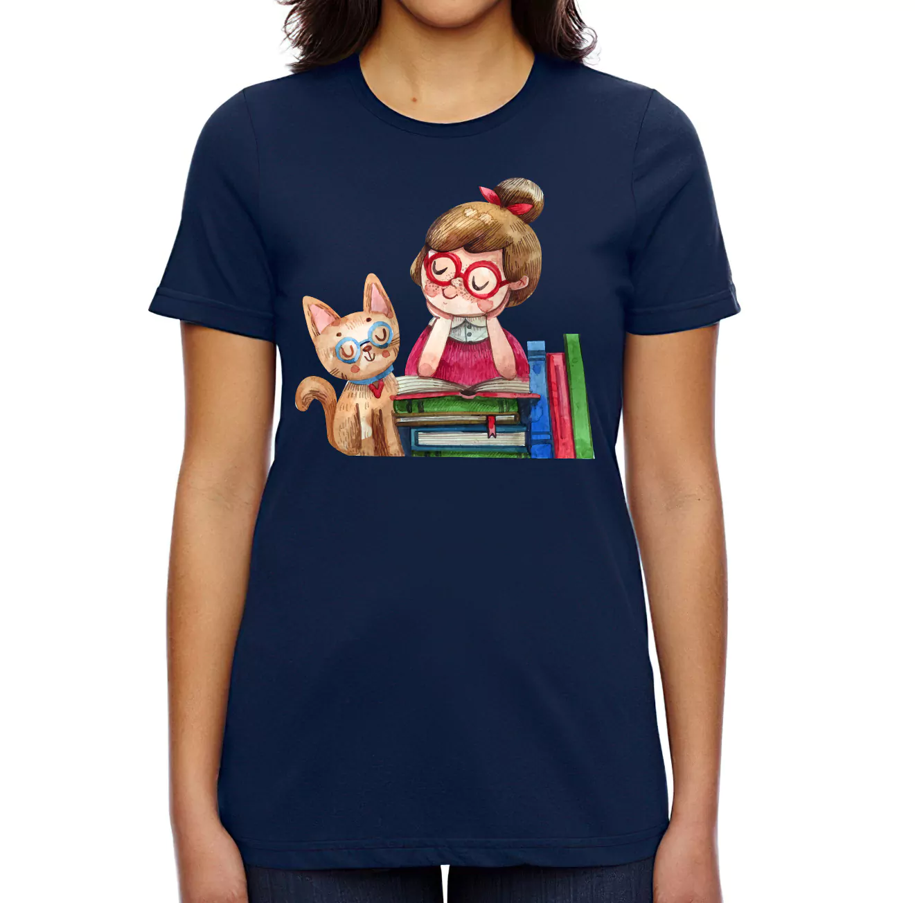 girls wearing watercolor cats and books t shirt navy color