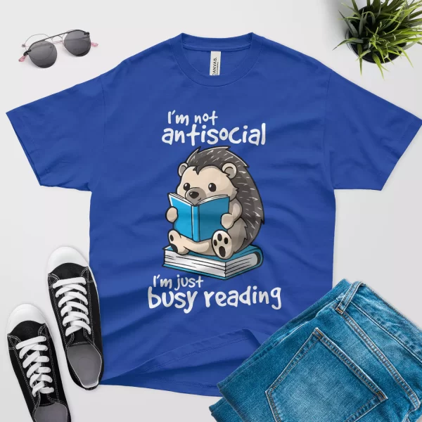 i am not antisocial i am just busy reading t shirt blue color