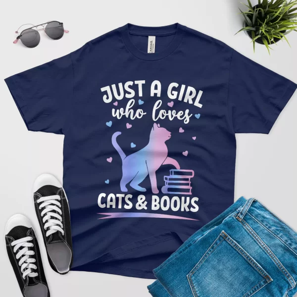 just a girl who loves cats and books t shirt navy color