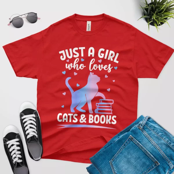 just a girl who loves cats and books t shirt red color