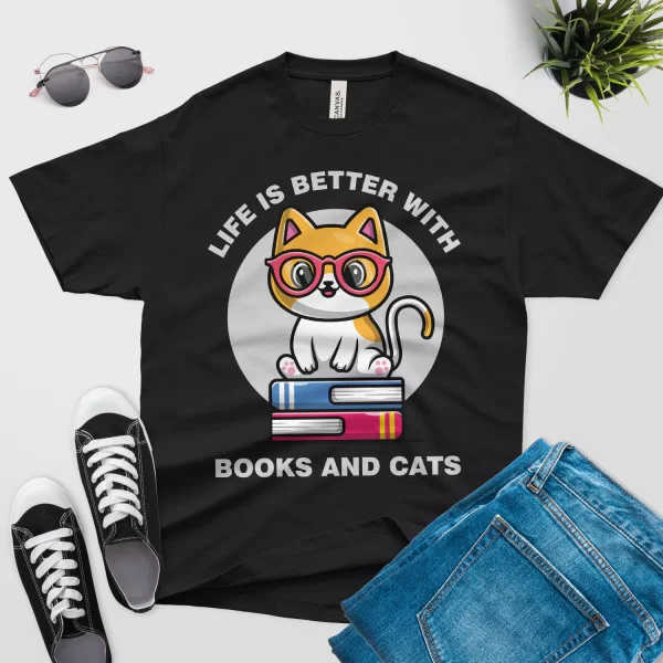 life is better with cats and books t shirt black color