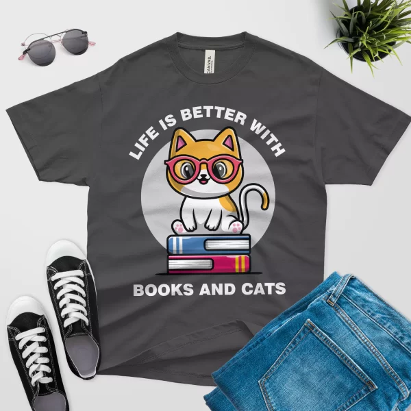 life is better with cats and books t shirt dark grey color