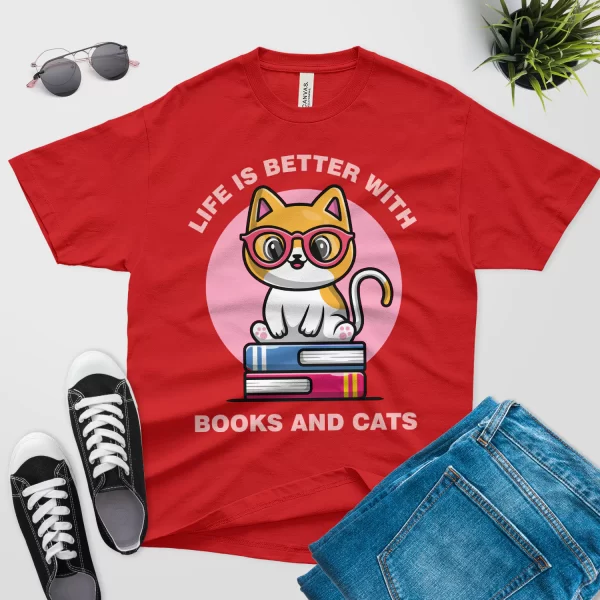 life is better with cats and books t shirt red color