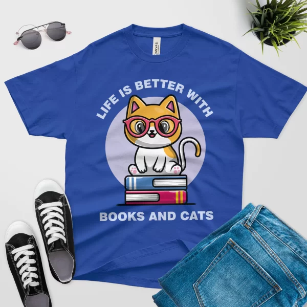life is better with cats and books t shirt royal blue color