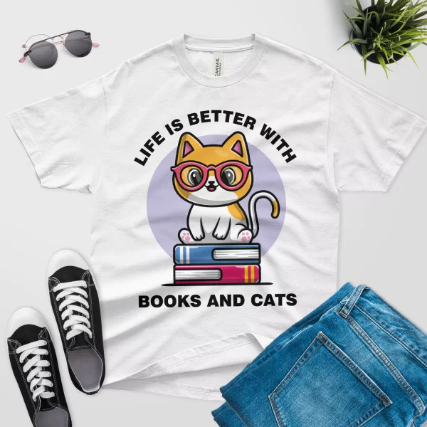 life is better with cats and books t shirt white color