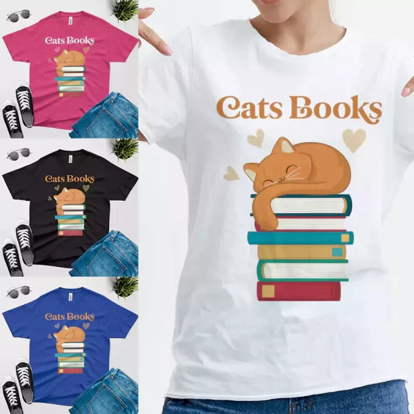 school girl wearing funny cats books t shirt