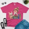 watercolor cats and books t shirt berry color