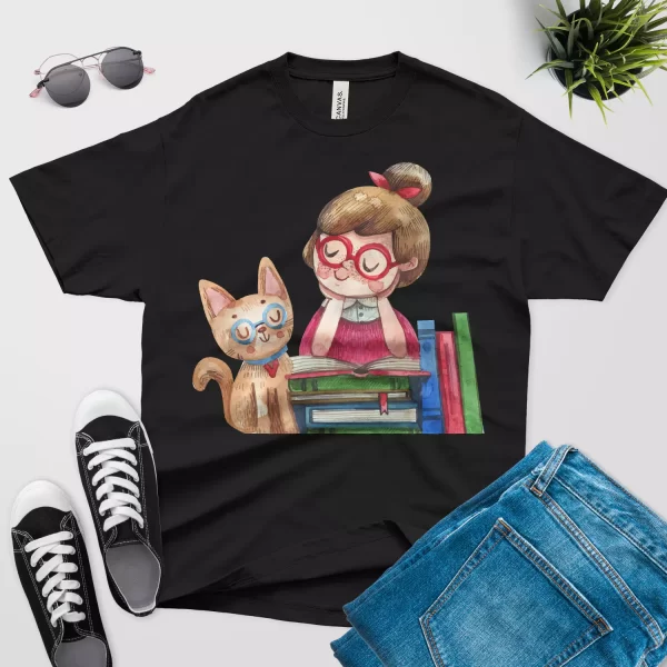 watercolor cats and books t shirt black color