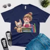 watercolor cats and books t shirt navy color