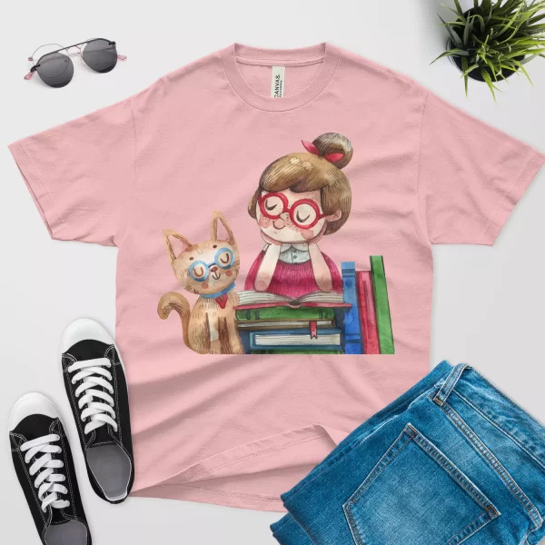 watercolor cats and books t shirt pink color