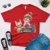watercolor cats and books t shirt red color