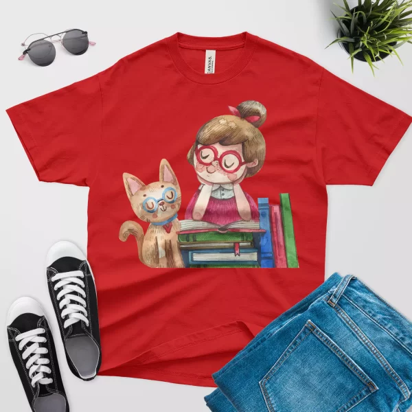 watercolor cats and books t shirt red color