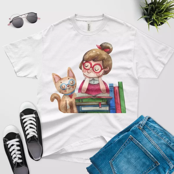 watercolor cats and books t shirt white color
