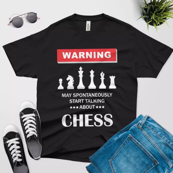 Warning may spontaneously start talking about chess shirt black color