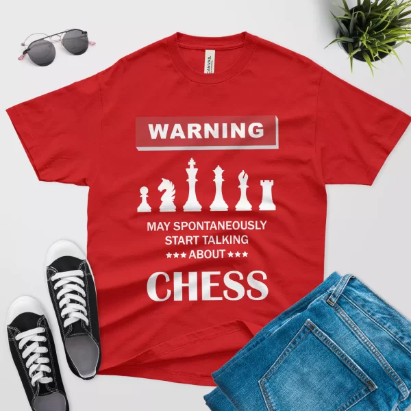 Warning may spontaneously start talking about chess shirt red color