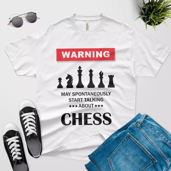 Warning may spontaneously start talking about chess shirt white color